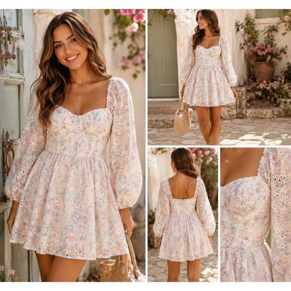 City Studios Floral Eyelet Corset Mini Dress Pastel Pink Blue XL
